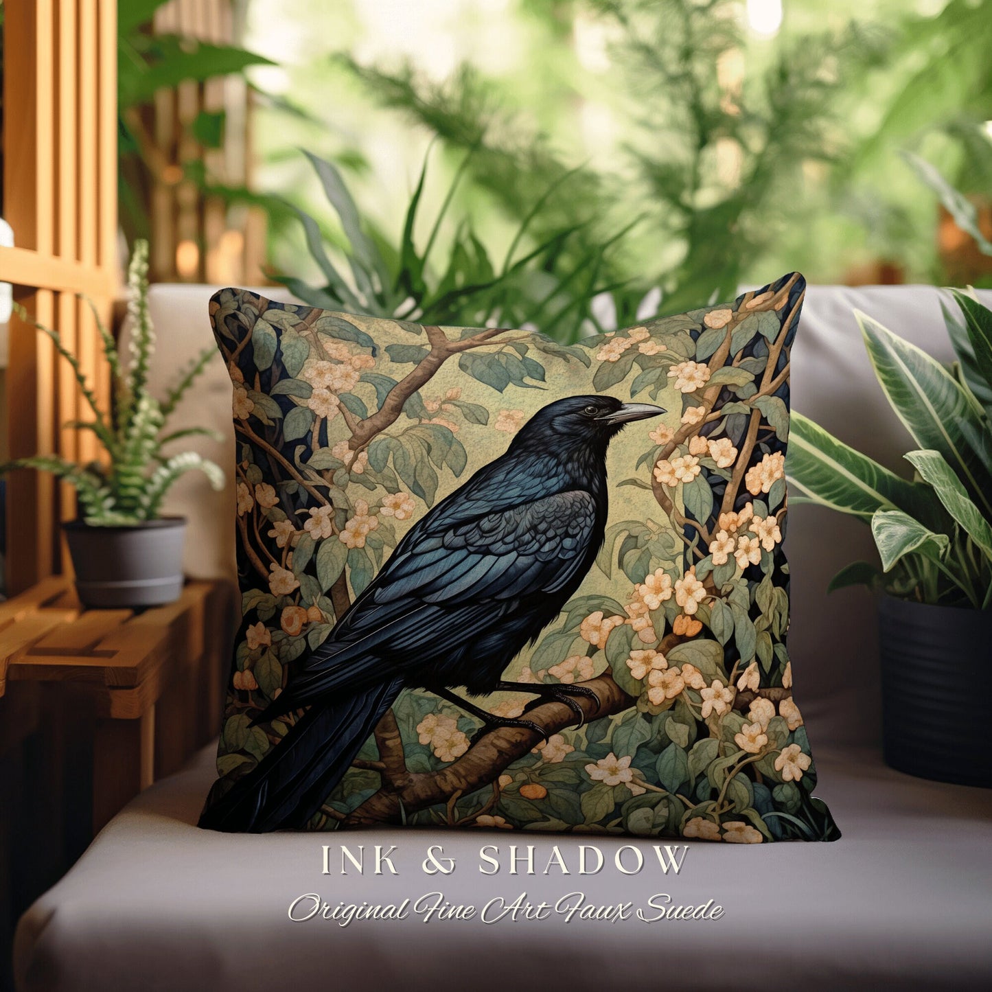 Raven Throw Pillow Woven | Gothic Pillow William Morris Art Pillow Raven Decor Crow Core Pillow Maximalist Rustic Pillow Dark Woodland Boho