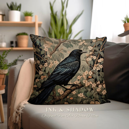 Raven Throw Pillow Woven | Gothic Pillow William Morris Art Pillow Raven Decor Crow Core Pillow Maximalist Rustic Pillow Dark Woodland Boho