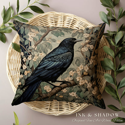 Raven Throw Pillow Woven | Gothic Pillow William Morris Art Pillow Raven Decor Crow Core Pillow Maximalist Rustic Pillow Dark Woodland Boho