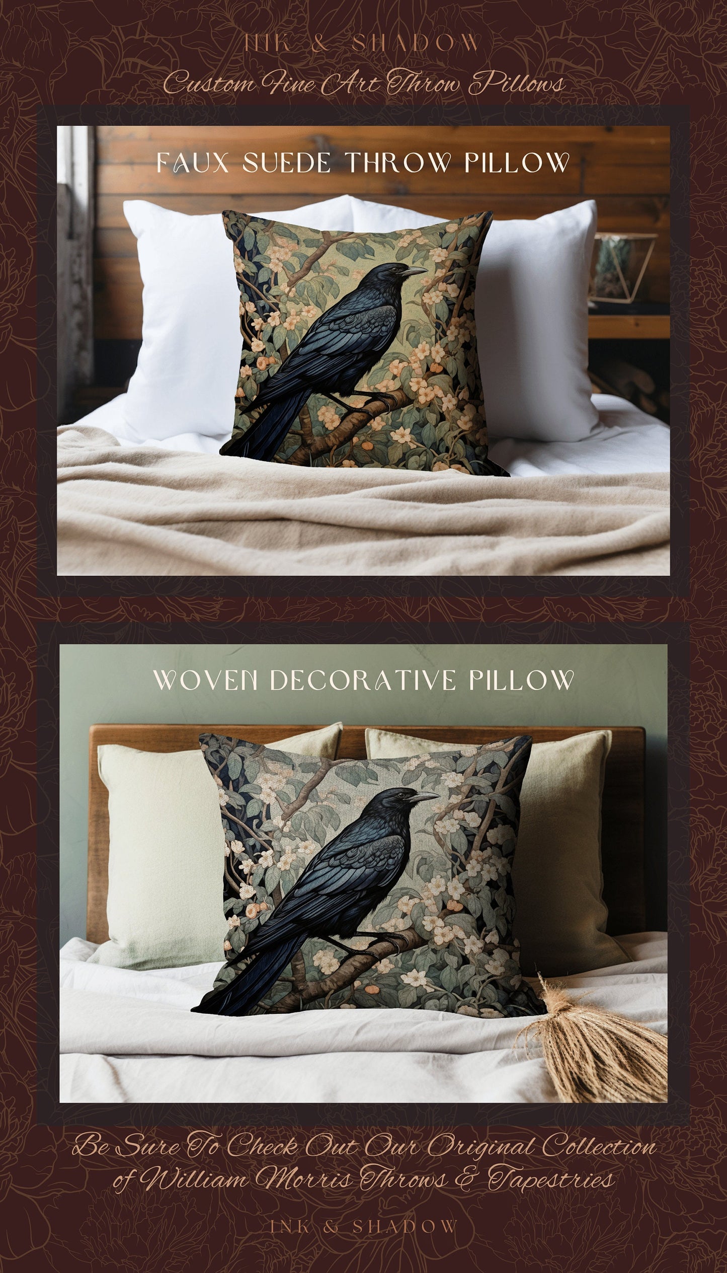 Forestcore Dark Botanical Raven Throw Pillow Woven Whimsigothic Art Tapestry Cushion, Woodland Gothic Crowcore Fairy Grunge Forest Aesthetic