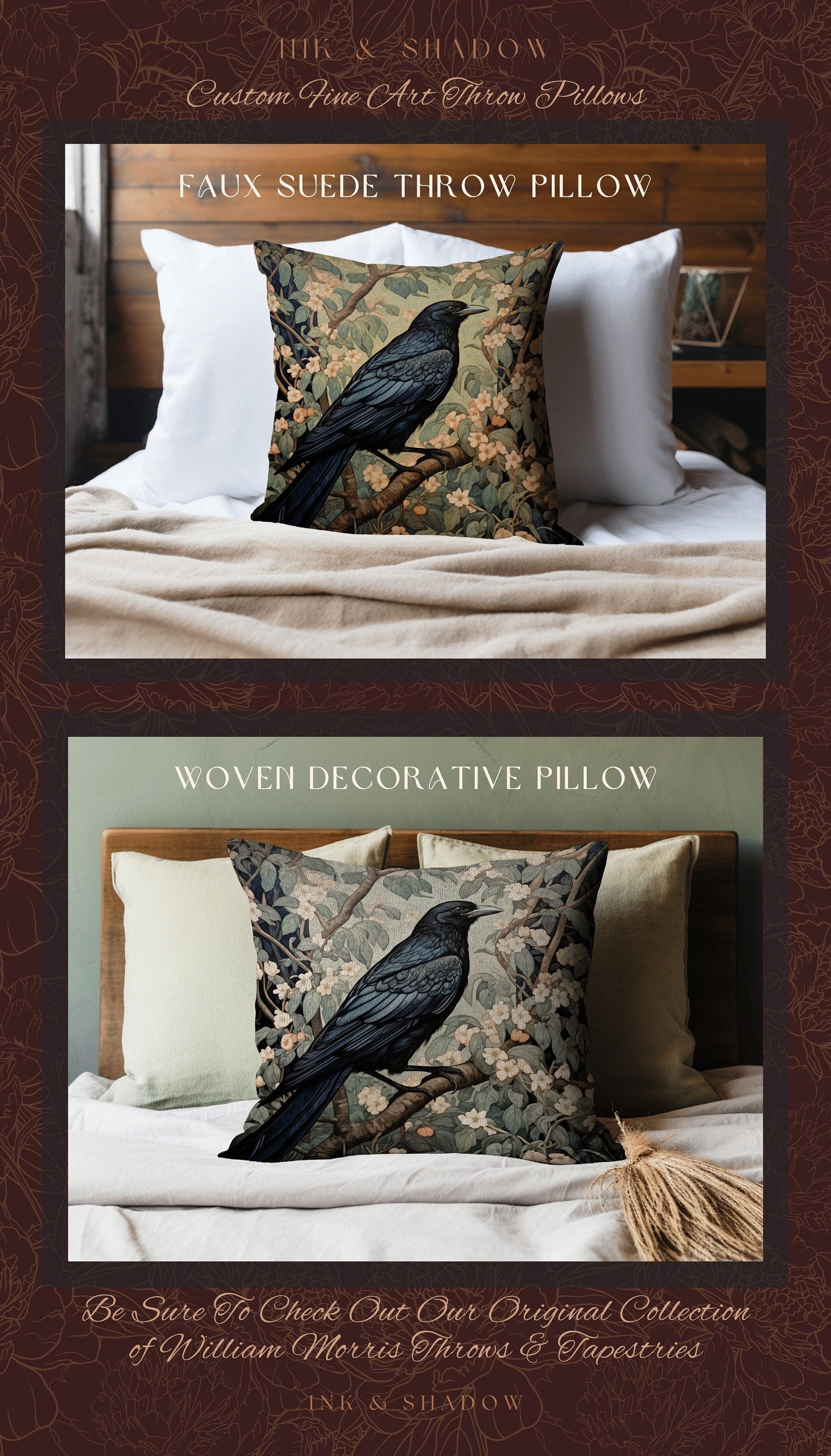 Woodland Gothic Botanical Raven Throw Pillow Vintage Cottgecore Crow Art Tapestry Cushion Rustic Farmhouse Cottagegoth Decor Crowcore Accent