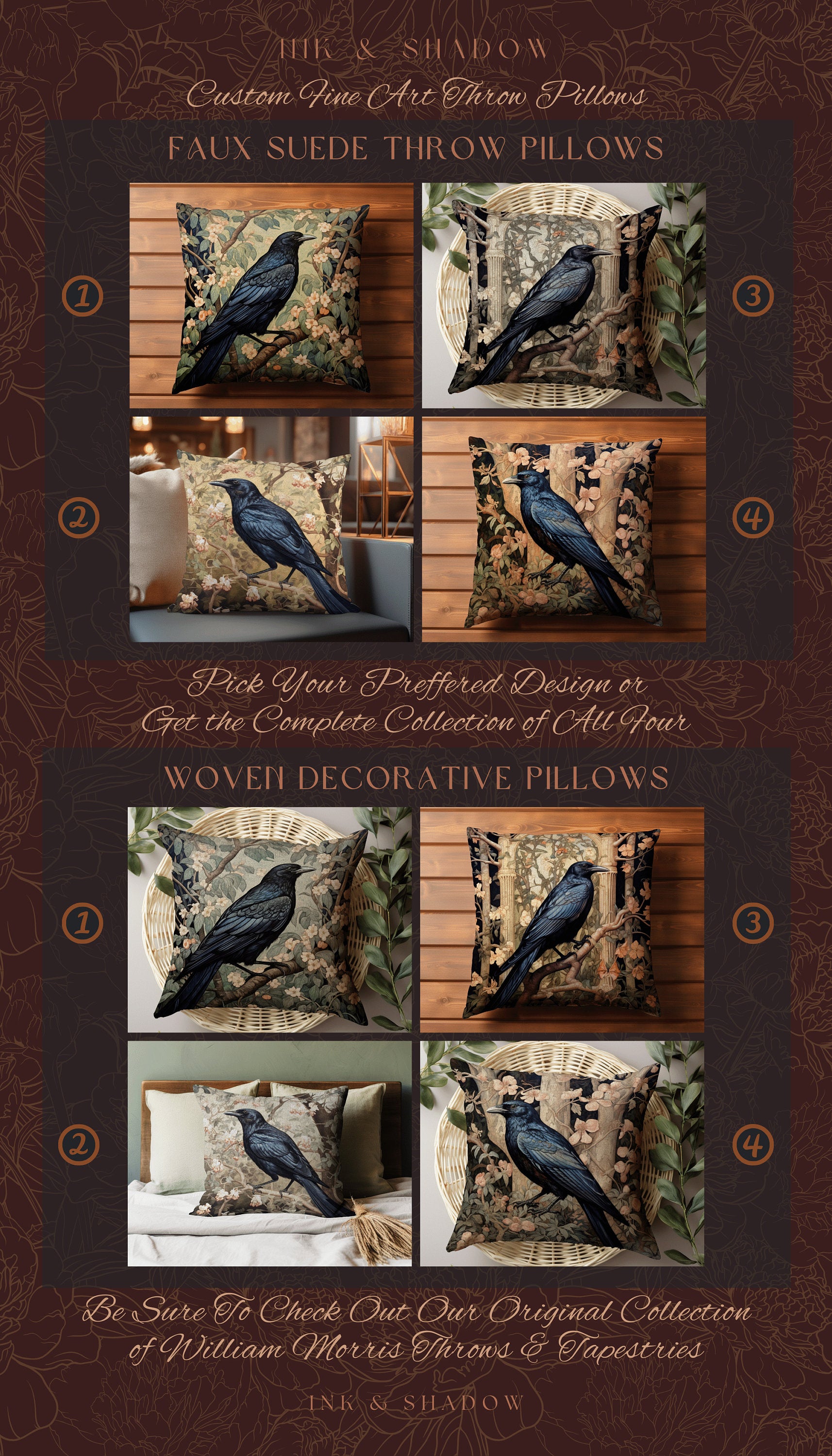 Raven Throw Pillow Woven | Gothic Pillow William Morris Art Pillow Raven Decor Crow Core Pillow Maximalist Rustic Pillow Dark Woodland Boho