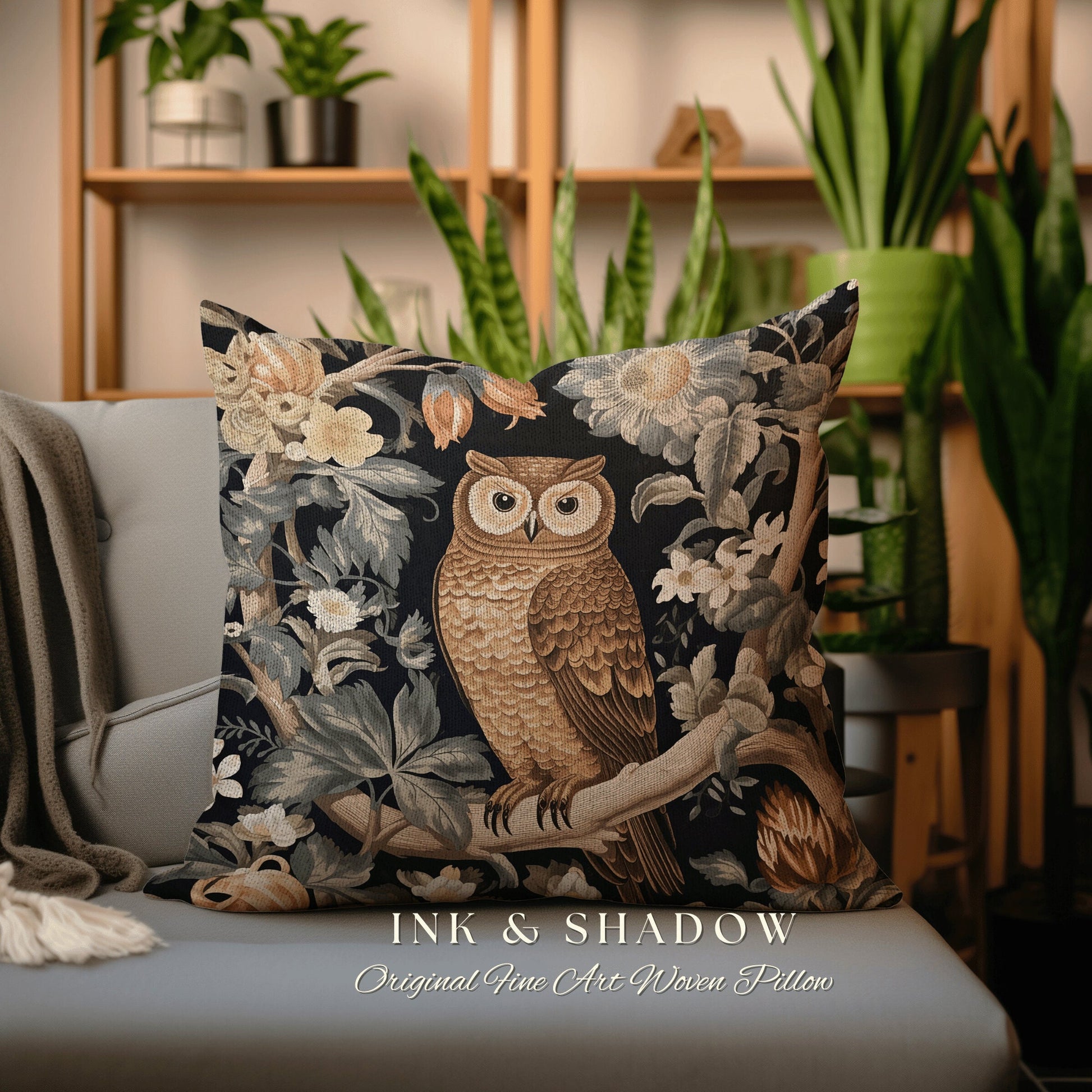 Owl Pillow Eclectic Home Decor | Whimsical William Morris Inspired Boho Aesthetic Botanical Spring Decorating Pillow Woven Victorian Owl |