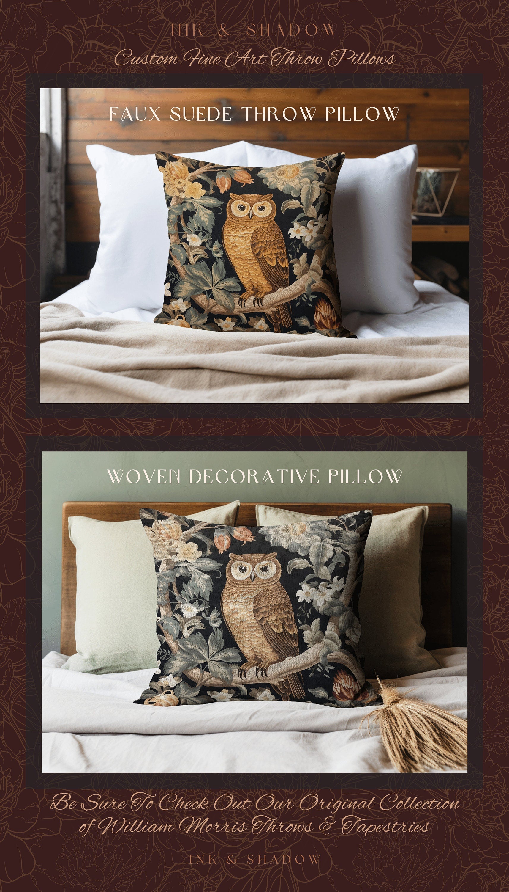 Owl Pillow Eclectic Home Decor | Whimsical William Morris Inspired Boho Aesthetic Botanical Spring Decorating Pillow Woven Victorian Owl |