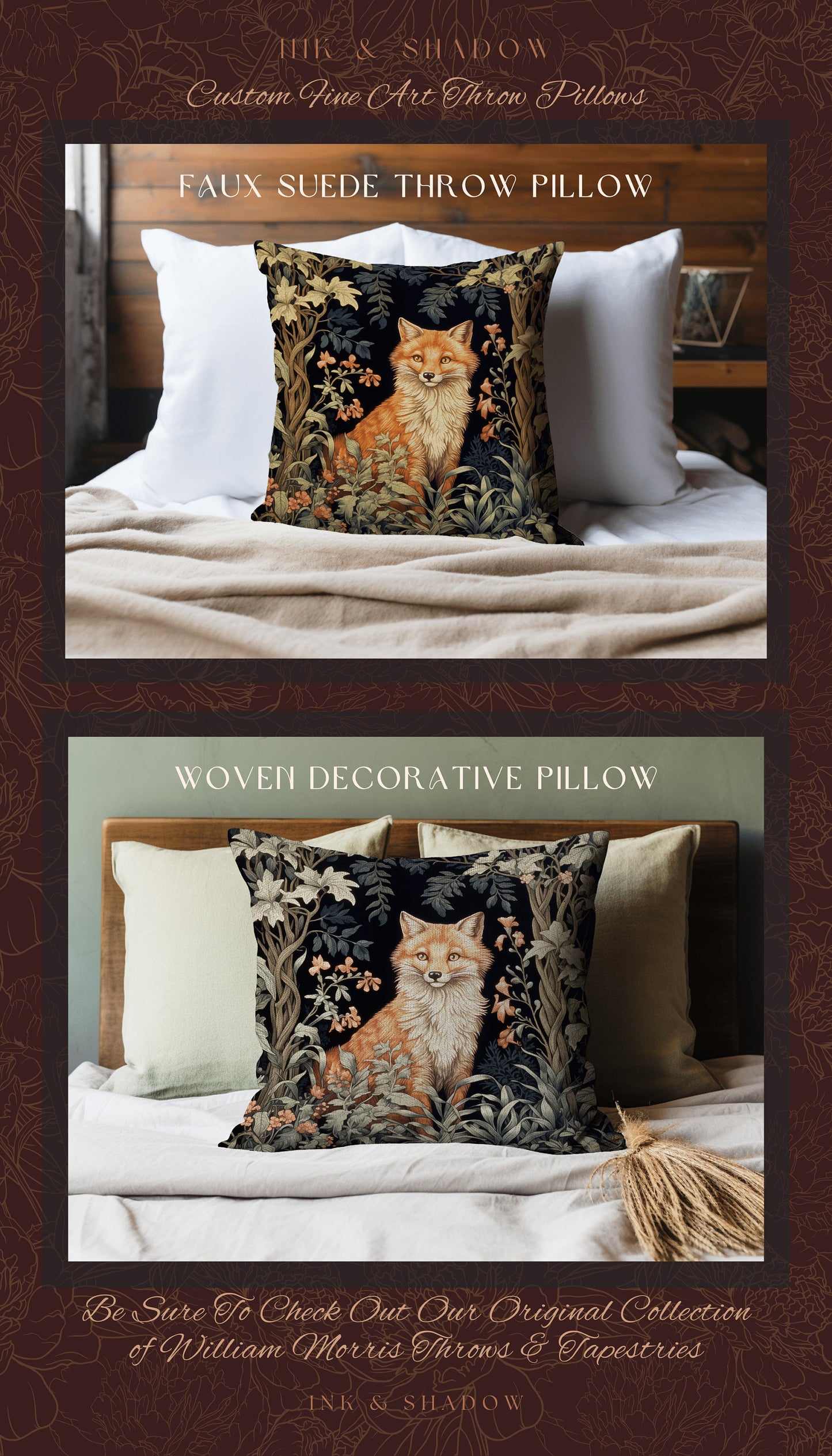 Fairycore Woven Throw Pillow | Dark Academia William Morris Inspired Pillow Aesthetic Medieval Woven Pillow Victorian Gothic Fox Botanical |