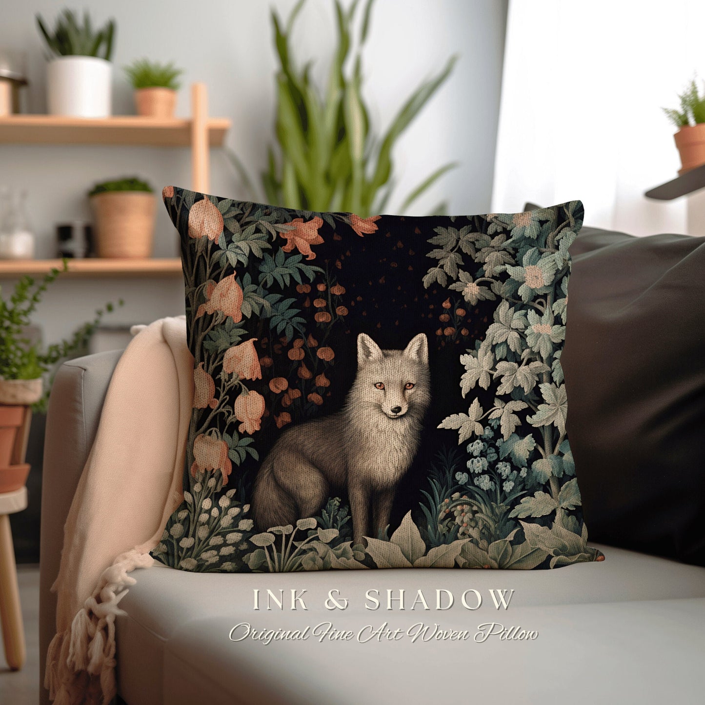 Grey Fox Pillow Woven Floral Decor | Dark Academia William Morris Inspired Pillow Aesthetic Medieval Woven Pillow Victorian Gothic Fox Decor