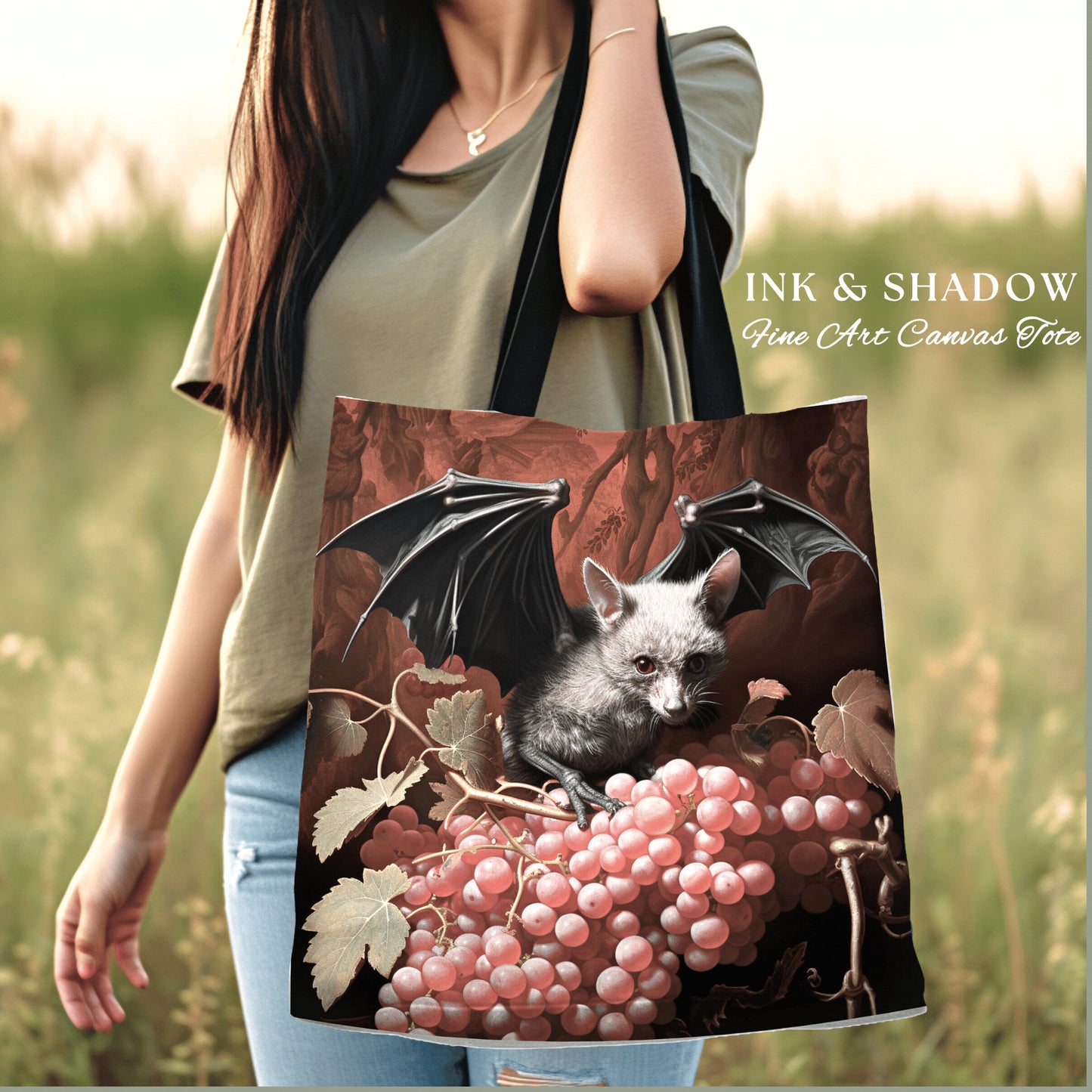 Mystic Bat Tote Bag | Dark Gothic Gift for Goths Dark Cottagecore Dark Floral Shoulderbag Witchy Bookbag Pastel Goth Crowcore Woven Tote Bag