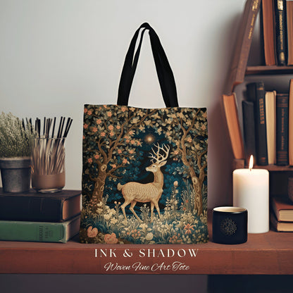 Enchanted Woods Tote | Folk Art Aesthetic Shoulderbag Woven William Morris Bag Dark Fairycore Gothic Botanical Deer Woodland Magic Bag |