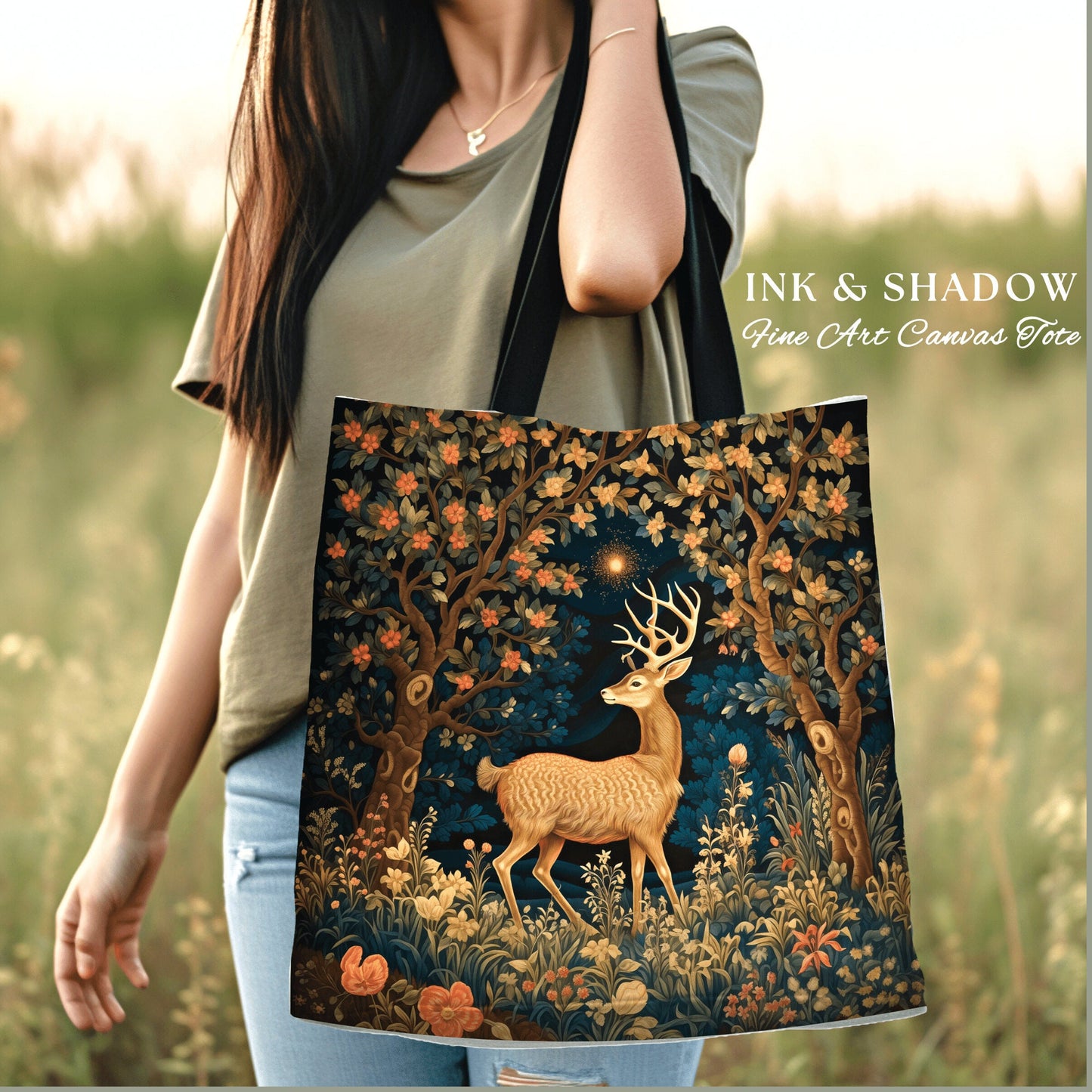 Enchanted Woods Tote | Folk Art Aesthetic Shoulderbag Woven William Morris Bag Dark Fairycore Gothic Botanical Deer Woodland Magic Bag |