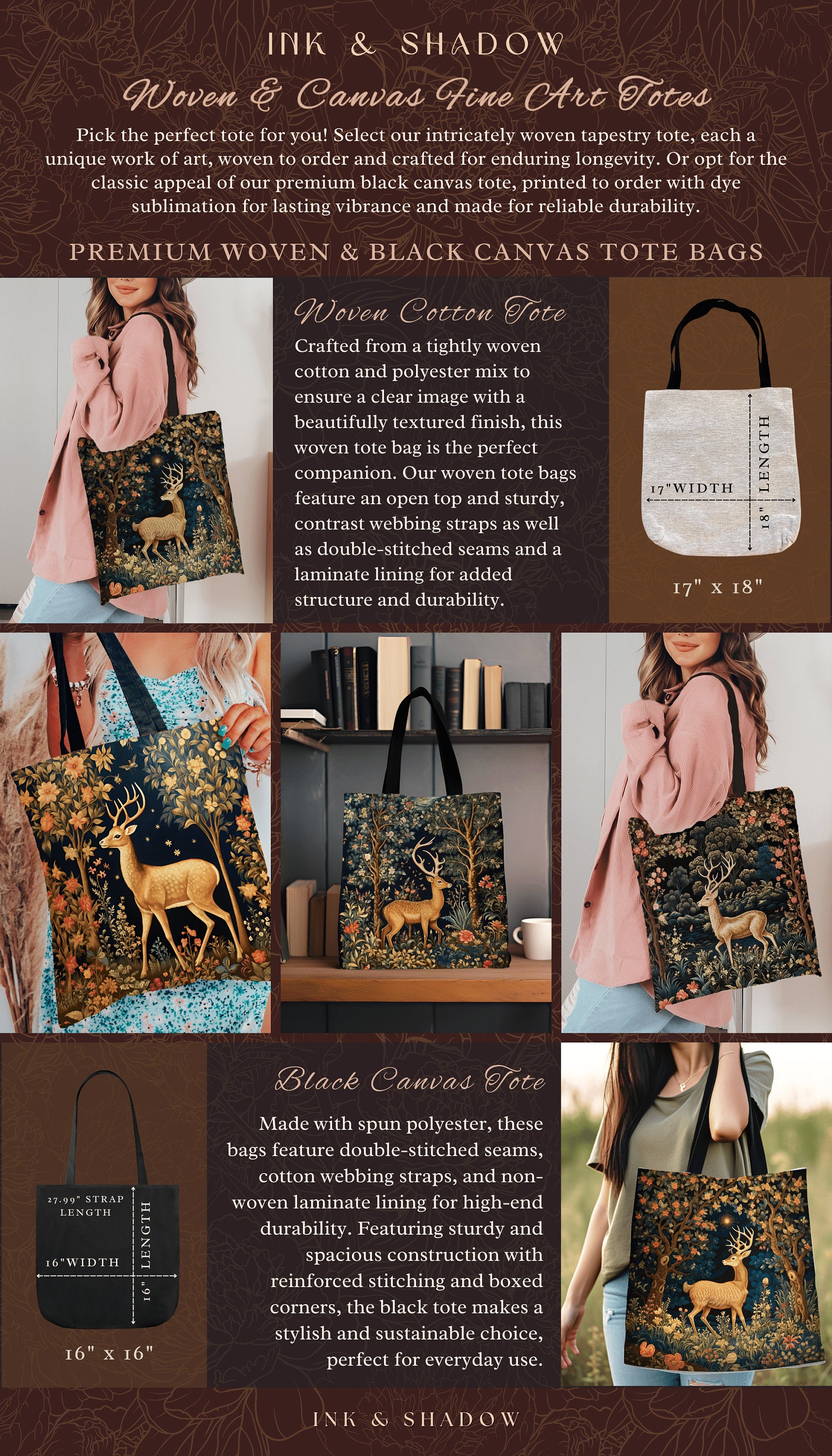 Enchanted Woods Tote | Folk Art Aesthetic Shoulderbag Woven William Morris Bag Dark Fairycore Gothic Botanical Deer Woodland Magic Bag |