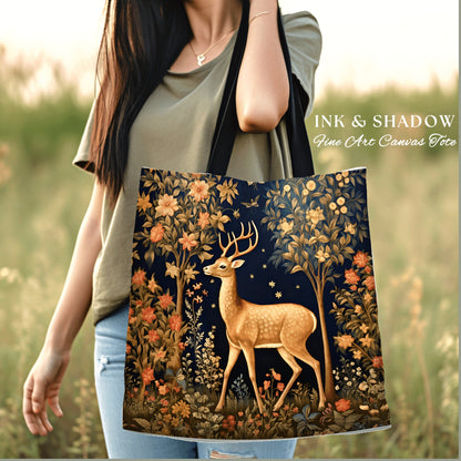 Whimsical Deer Tote Bag Baraoque Aesthetic Forestcore Bag | Folk Art Tapestry Shoulderbag Woven Cottagecore Fairycore Deer Woodland Gift