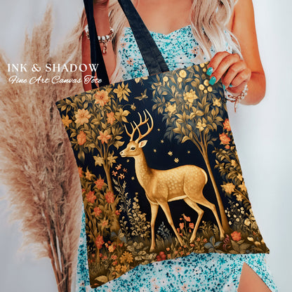 Whimsical Deer Tote Bag Baraoque Aesthetic Forestcore Bag | Folk Art Tapestry Shoulderbag Woven Cottagecore Fairycore Deer Woodland Gift