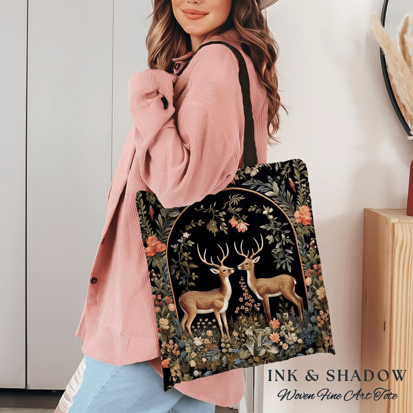 Forest Spirits Tapestry Tote | Folklore Aesthetic Shoulderbag Woven William Morris Bag Dark Fairycore Gothic Botanical Deer Woodland Magic