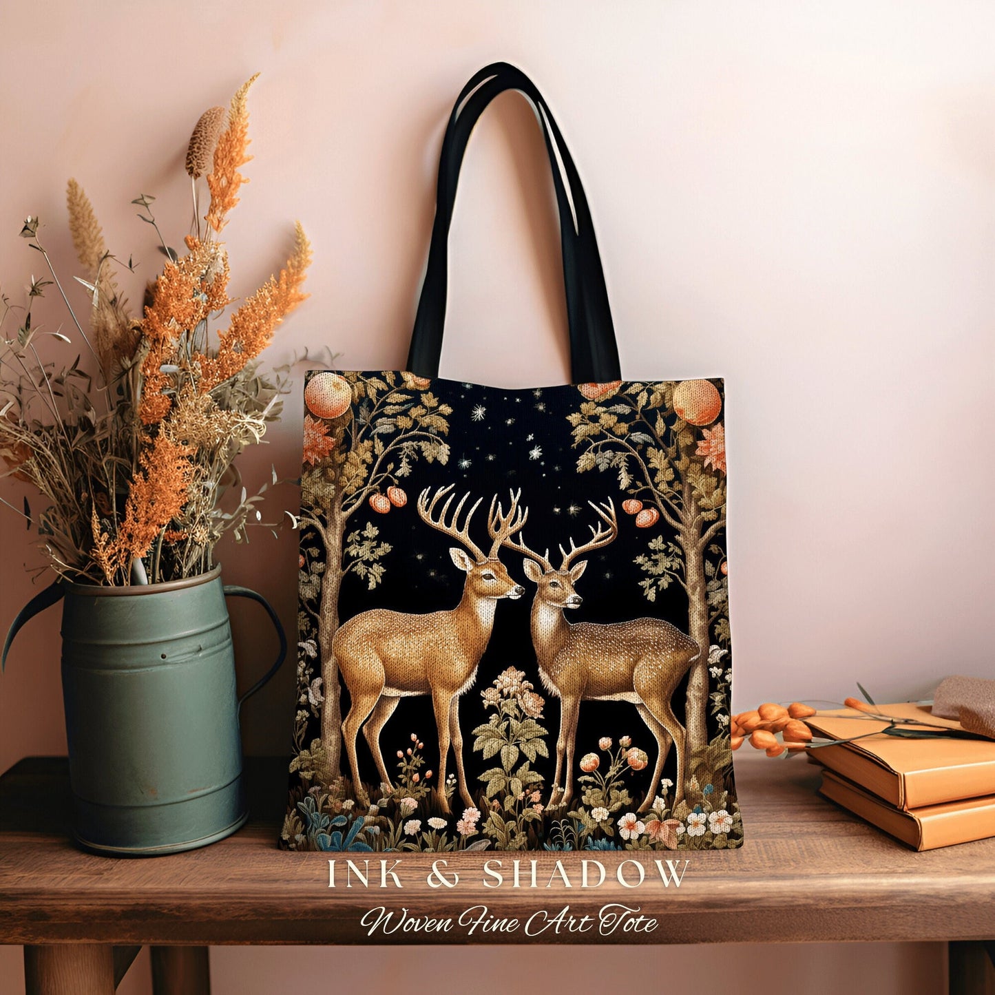 Fairycore Everyday Tote Bag | Folklore Aesthetic Shoulderbag Woven William Morris Bag Dark Fairy Core Gothic Botanical Deer Eclectic Style