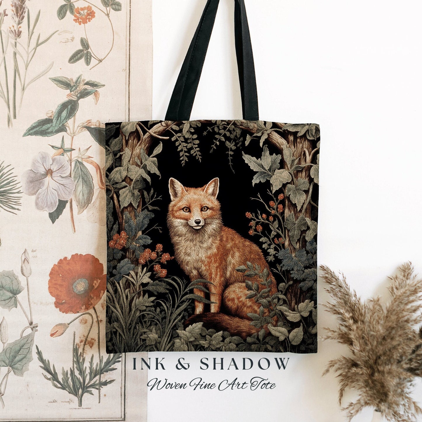 Fox Woodland Gothic Tote | Dark Academia William Morris Inspired Shoulderbag Aesthetic Medieval Woven Tapestry Bag Botanical Forest Spirit