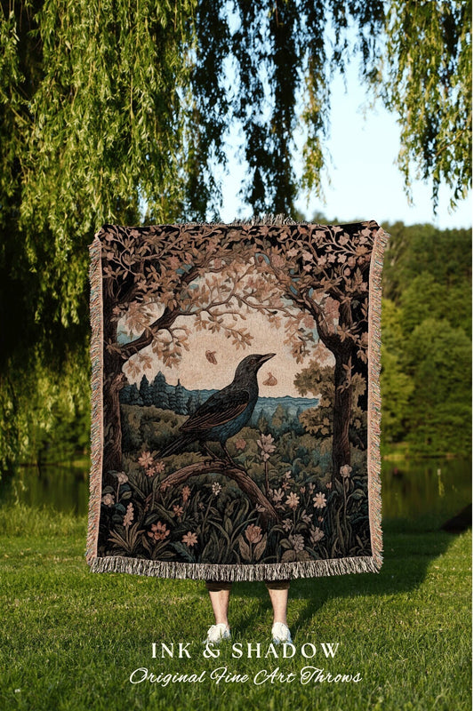 Medieval Crow Blanket Woven Tapeestry | Woven Throw Blanket Crow William Morris Style Witchy Decor Bedroom Landscape Tapestry Cottagecore |