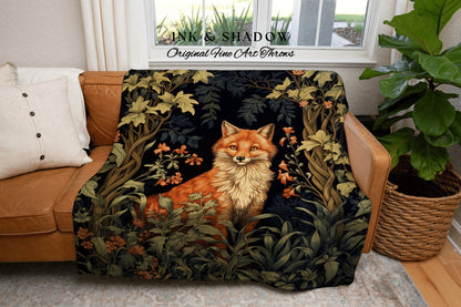 Morris Fox Botanical Tapestry | Woodland Folk Art Blanket Woven Tapestry William Morris Style Woodland Goth Decor Dark Cottagecore Aesthetic