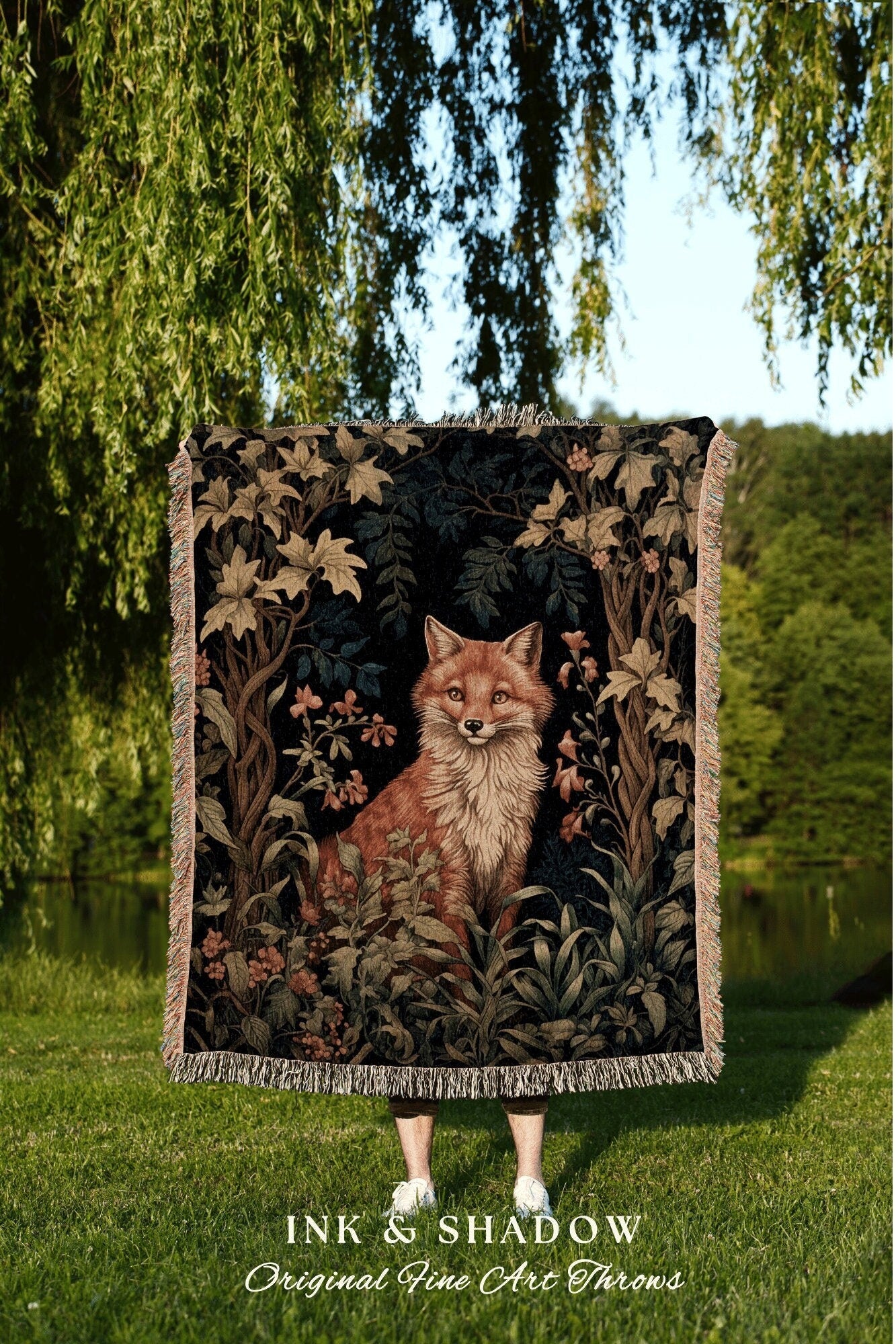 Morris Fox Botanical Tapestry | Woodland Folk Art Blanket Woven Tapestry William Morris Style Woodland Goth Decor Dark Cottagecore Aesthetic