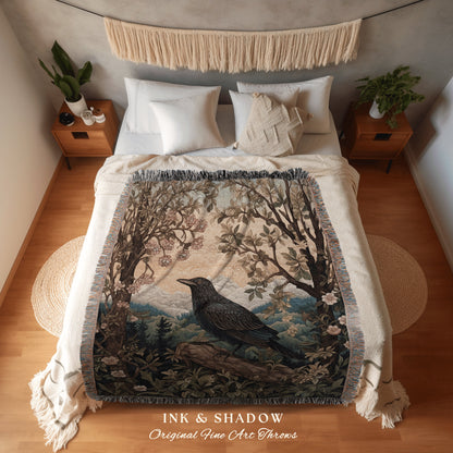 Dark Landscape Crow Blanket | Crowcore William Morris Style Witchy Decor Bedroom Landscape Tapestry Cottagegoth Woodland Room Decor Witchy |