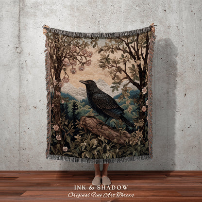 Dark Landscape Crow Blanket | Crowcore William Morris Style Witchy Decor Bedroom Landscape Tapestry Cottagegoth Woodland Room Decor Witchy |