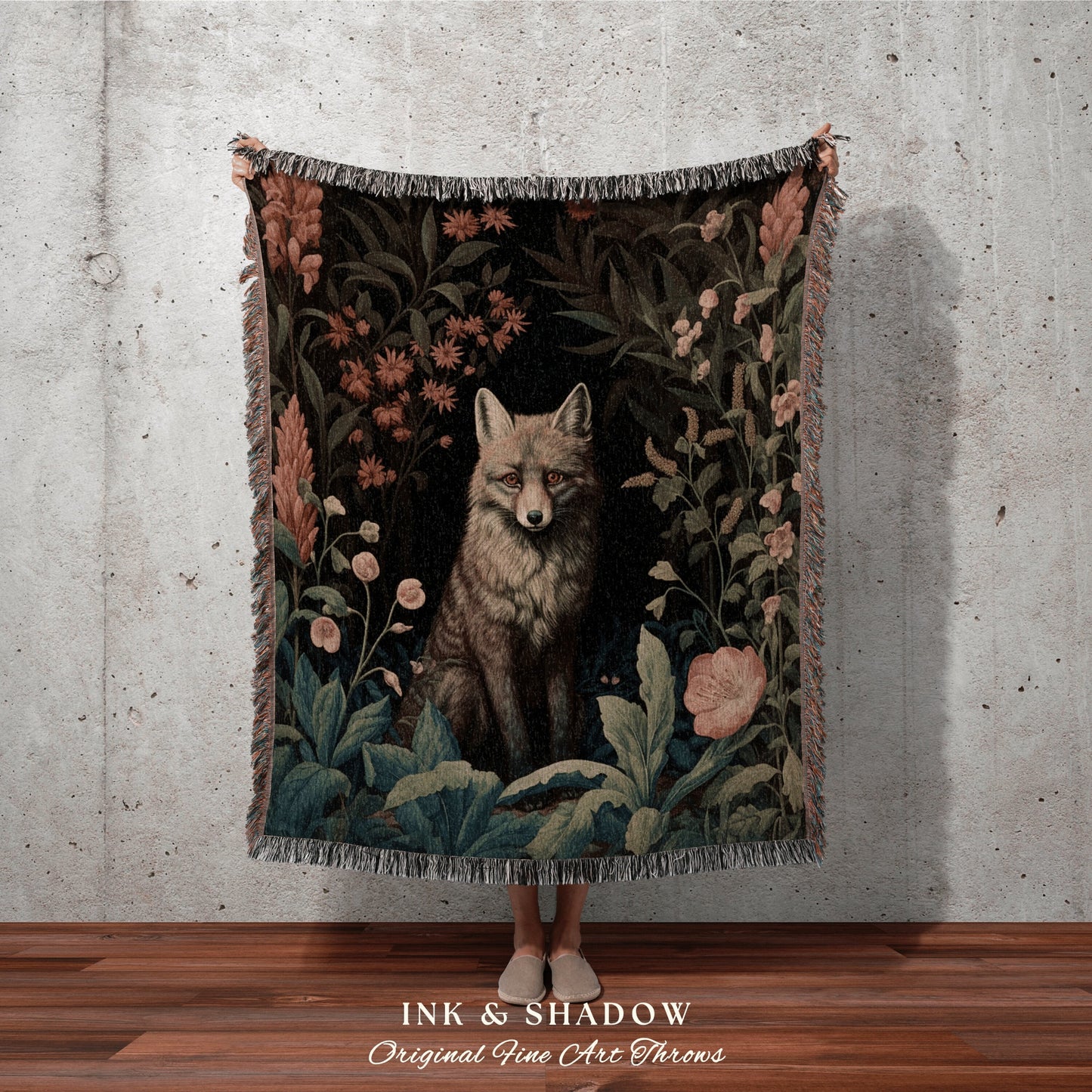 Moody Floral Fox Blanket Woven | Woodland Folk Art Blanket Woven Tapestry William Morris Style Woodland Gothic Decor Dark Cottagecore Fox |