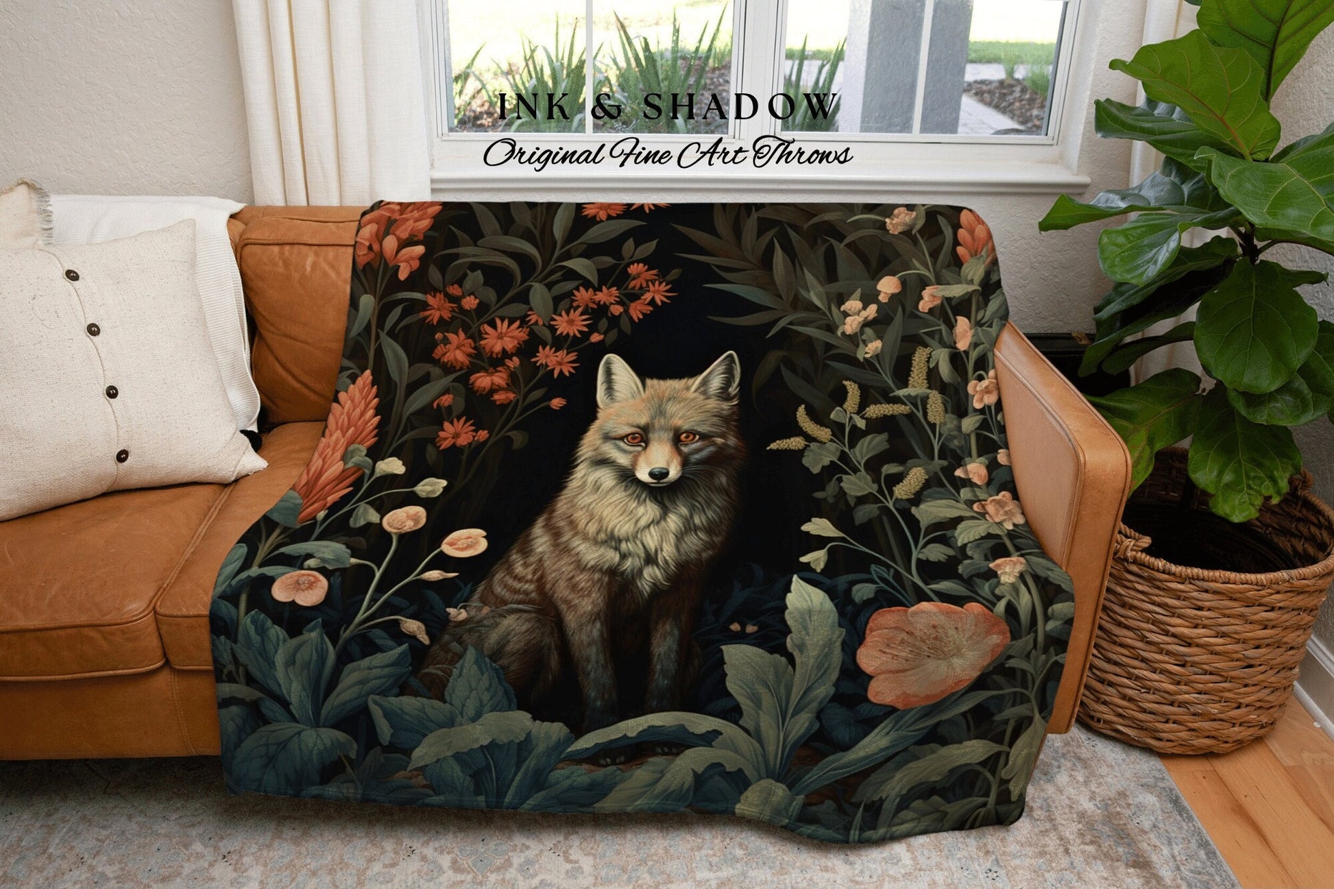 Moody Floral Fox Blanket Woven | Woodland Folk Art Blanket Woven Tapestry William Morris Style Woodland Gothic Decor Dark Cottagecore Fox |