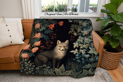 Dark Academia Woven Fox Tapestry | Woodland Folk Art Blanket Woven Tapestry William Morris Style Woodland Gothic Decor Dark Cottagecore Fox