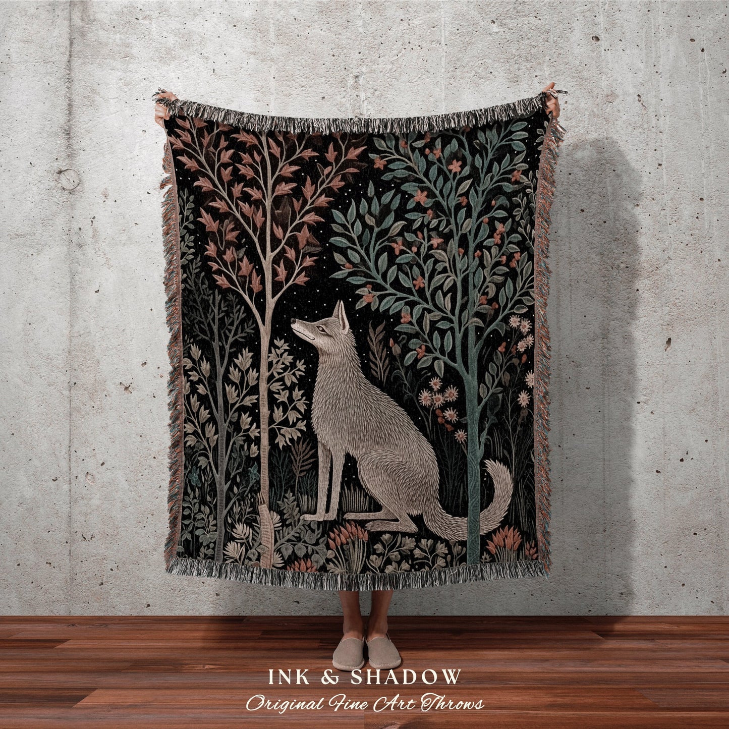 Scandinavian Wolf Blanket Woven | Nordic Folk Art Blanket Woven Tapestry William Morris Style Woodland Gothic Dark Cottagecore Wolf Decor |