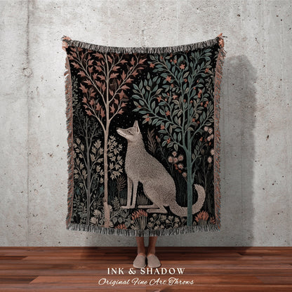 Scandinavian Wolf Blanket Woven | Nordic Folk Art Blanket Woven Tapestry William Morris Style Woodland Gothic Dark Cottagecore Wolf Decor |