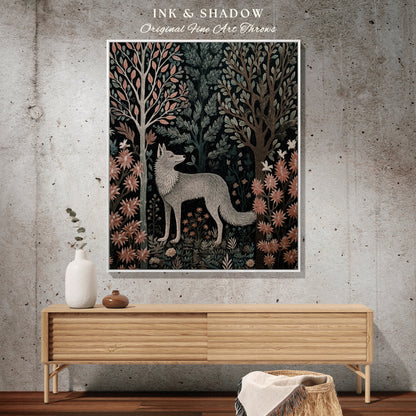 Nordic Wolf Tapestry Woven | Scandinavian Folk Art Blanket Woven Tapestry William Morris Style Woodland Decor Dark Cottagecore Wolf Boho Art