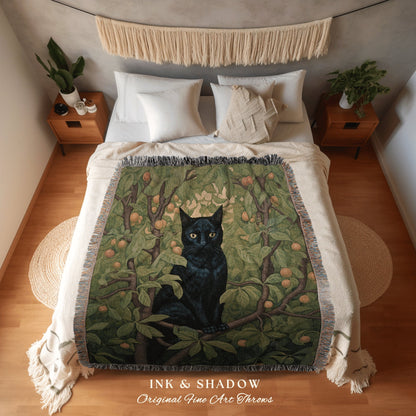 Black Cat Tapestry Botanical Blanket | Woven Throw Black Cat Painting Pastel Decor Indie Aesthetic Dorm Room Tapestry Blanket Cute Cat Art |