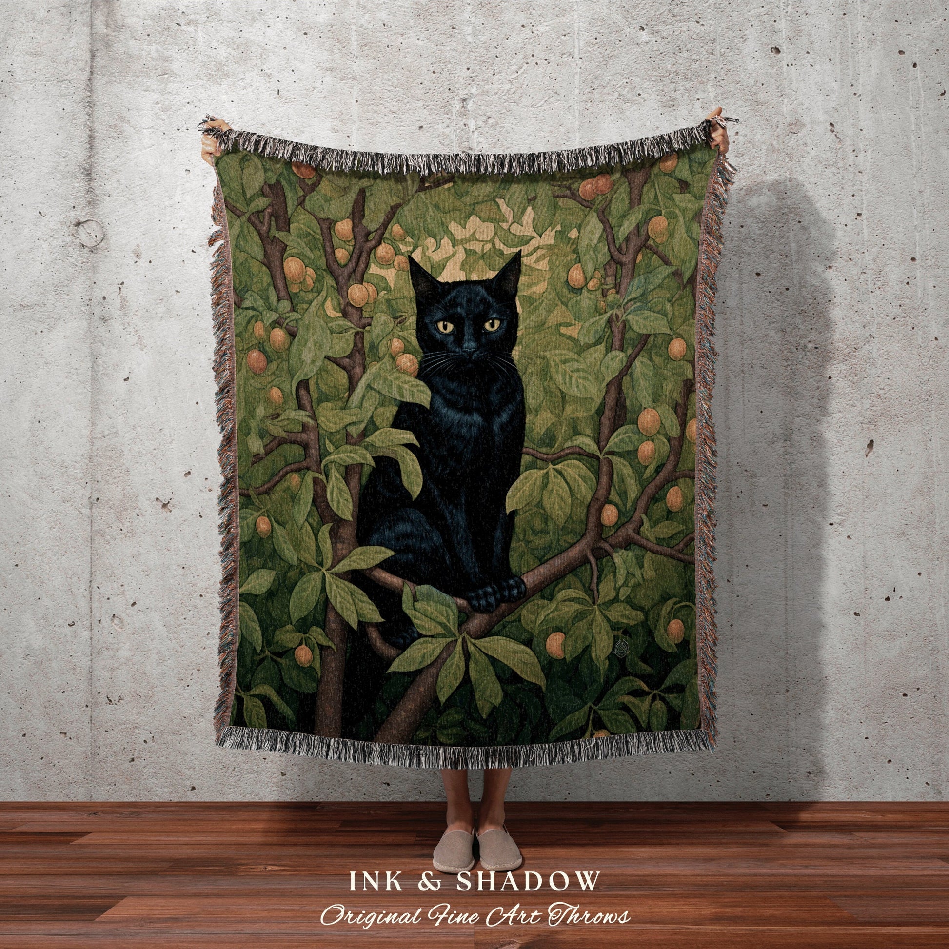 Black Cat Tapestry Botanical Blanket | Woven Throw Black Cat Painting Pastel Decor Indie Aesthetic Dorm Room Tapestry Blanket Cute Cat Art |