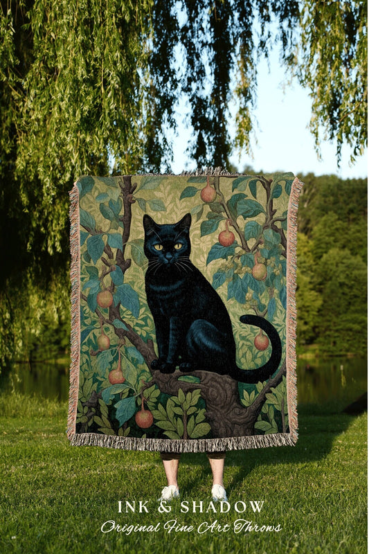 Jungle Botanical Black Cat Tapestry | Woven Throw Black Cat Art Painting Pastel Decor William Morris Inspired Tapestry Blanket Cute Cat Gift