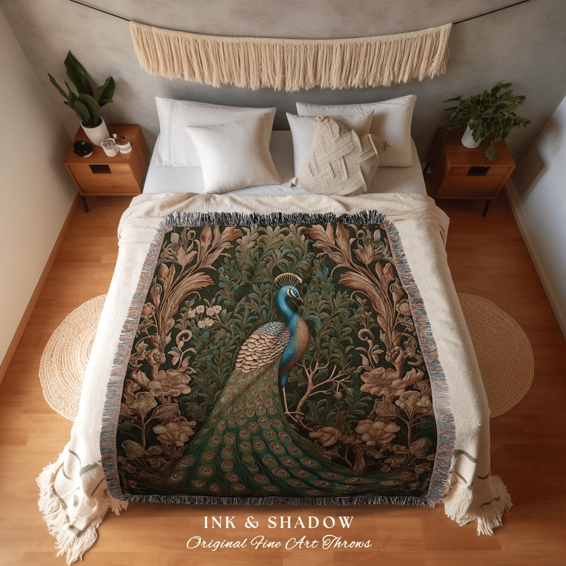 Maximalist Peacock Blanket Woven | Woodland Folklore Blanket Woven Tapestry William Morris Style Woodland Decor Dark Cottagecore Peacock Art