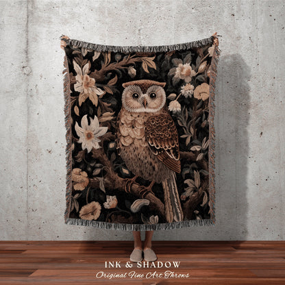 Floral Owl Tapestry Woven Blanket | Bedroom Art Blanket Witchy Decor Cottagecore Aesthetic Room Decor Magical Owl Tapestry Crowcore Bookish