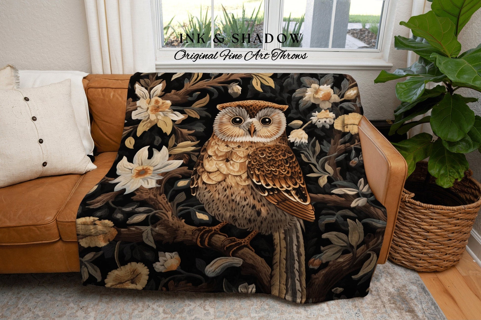 Floral Owl Tapestry Woven Blanket | Bedroom Art Blanket Witchy Decor Cottagecore Aesthetic Room Decor Magical Owl Tapestry Crowcore Bookish