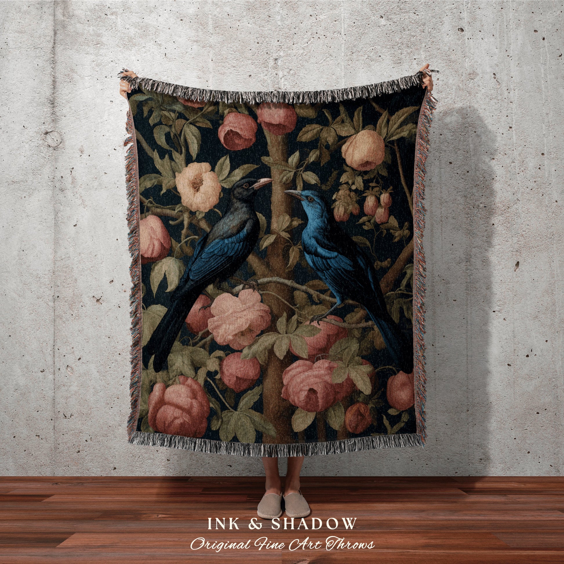 Gothic Floral Crow Tapestry Blanket | Crowcore William Morris Style Witchy Decor Bedroom Landscape Tapestry Cottagegoth Room Decor Witchy |