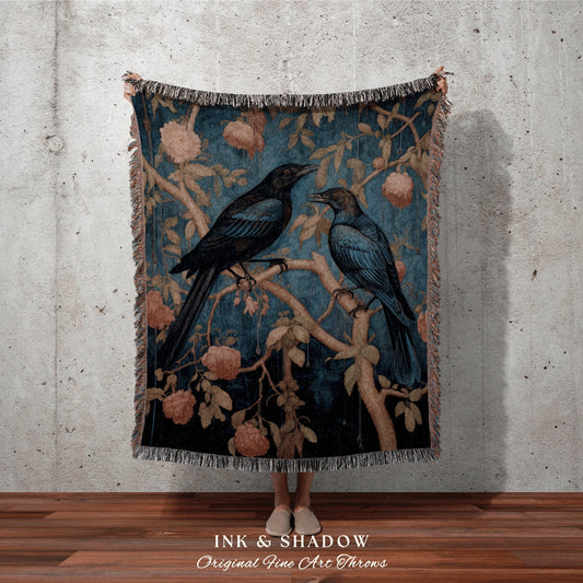 Gothic Crow Blanket Woven Throw | Crowcore William Morris Style Witchy Decor Bedroom Landscape Tapestry Cottagegoth Woodland Room Decor Gift