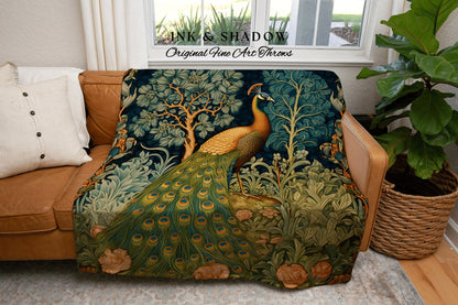 Folklore Peacock Woven Blanket | Woodland Folk Art Blanket Woven Tapestry William Morris Style Woodland Decor Dark Cottagecore Peacock Decor