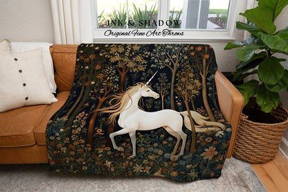 Medieval Unicorn Woven Throw Blanket | Baroque Art Blanket Woven Tapestry William Morris Style Woodland Goth Decor Mystic Unicorn Blanket |