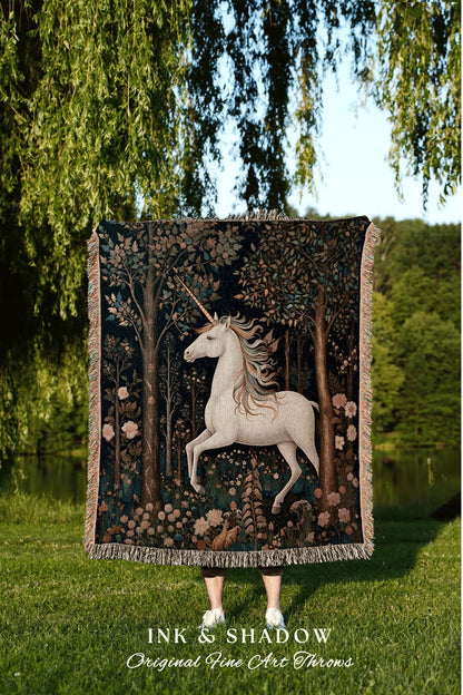 Fairycore Unicorn Throw Blanket | Woodland Folk Art Blanket Woven Tapestry William Morris Style Woodland Goth Decor Mystic Unicorn Blanket |