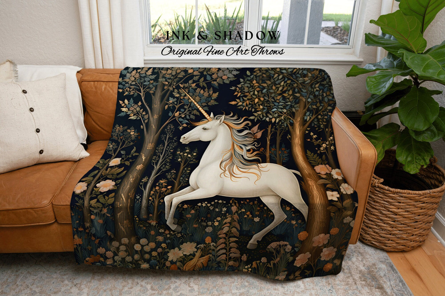 Fairycore Unicorn Throw Blanket | Woodland Folk Art Blanket Woven Tapestry William Morris Style Woodland Goth Decor Mystic Unicorn Blanket |