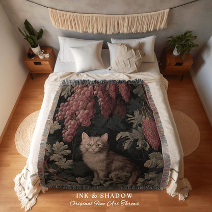 Woven Cat Tapestry Victorian Blanket | Woven Throw Black Cat Painting Pastel Decor Indie Aesthetic Dorm Room Tapestry Blanket Cute Cat Art |