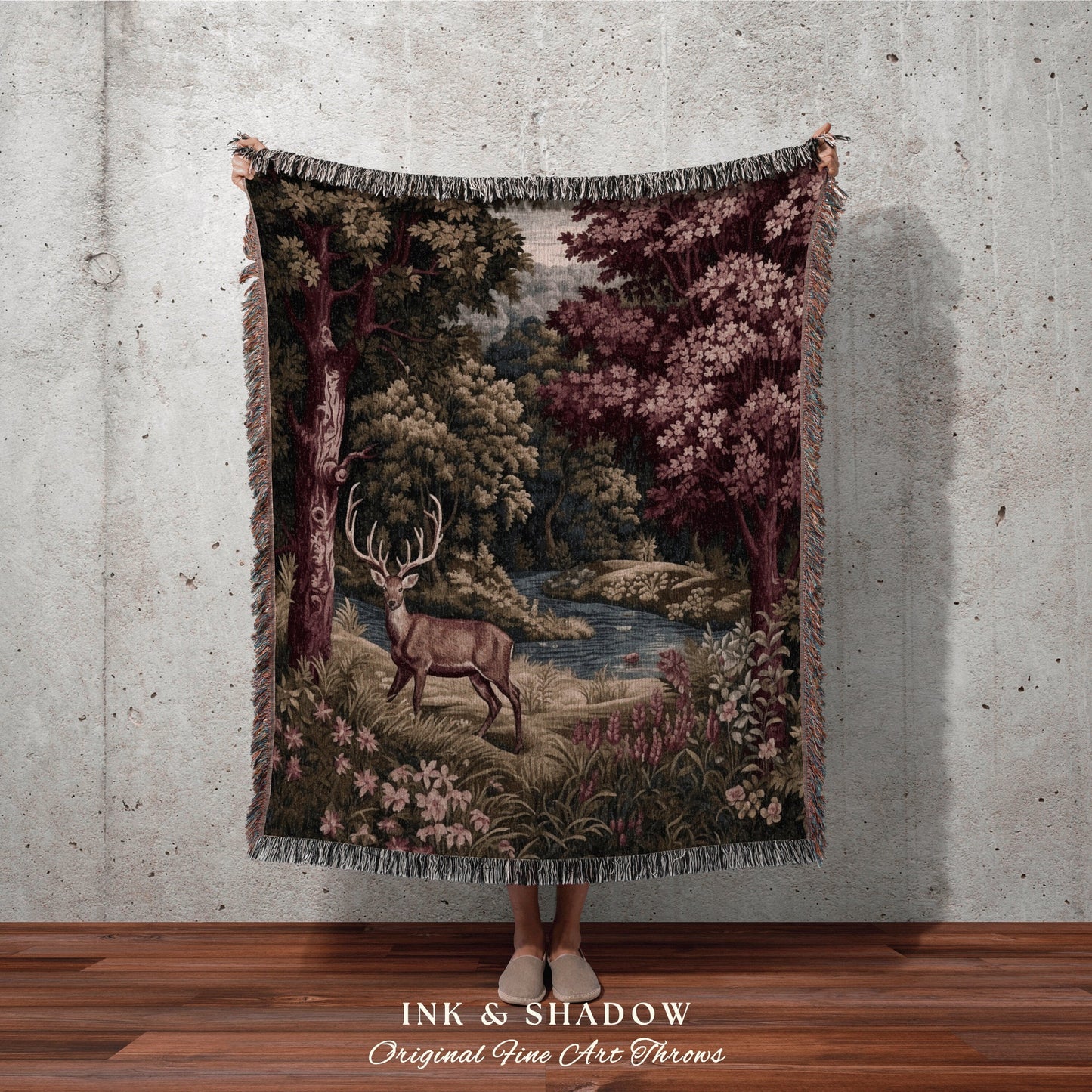 Pink Woodland Deer Blanket | Ethereal Folklore Living Room Blanket Woven Tapestry Morris Throw Dark Botanical Maximalist Aesthetic Bedding