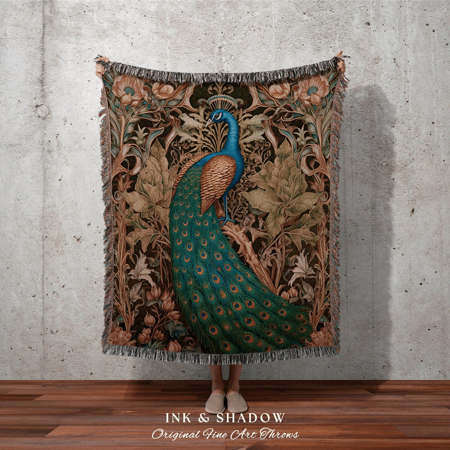 Folk Art Peacock Tapestry Woven | Woodland Maximalist Blanket Woven Tapestry William Morris Style Woodland Decor Dark Cottagecore Peacock |