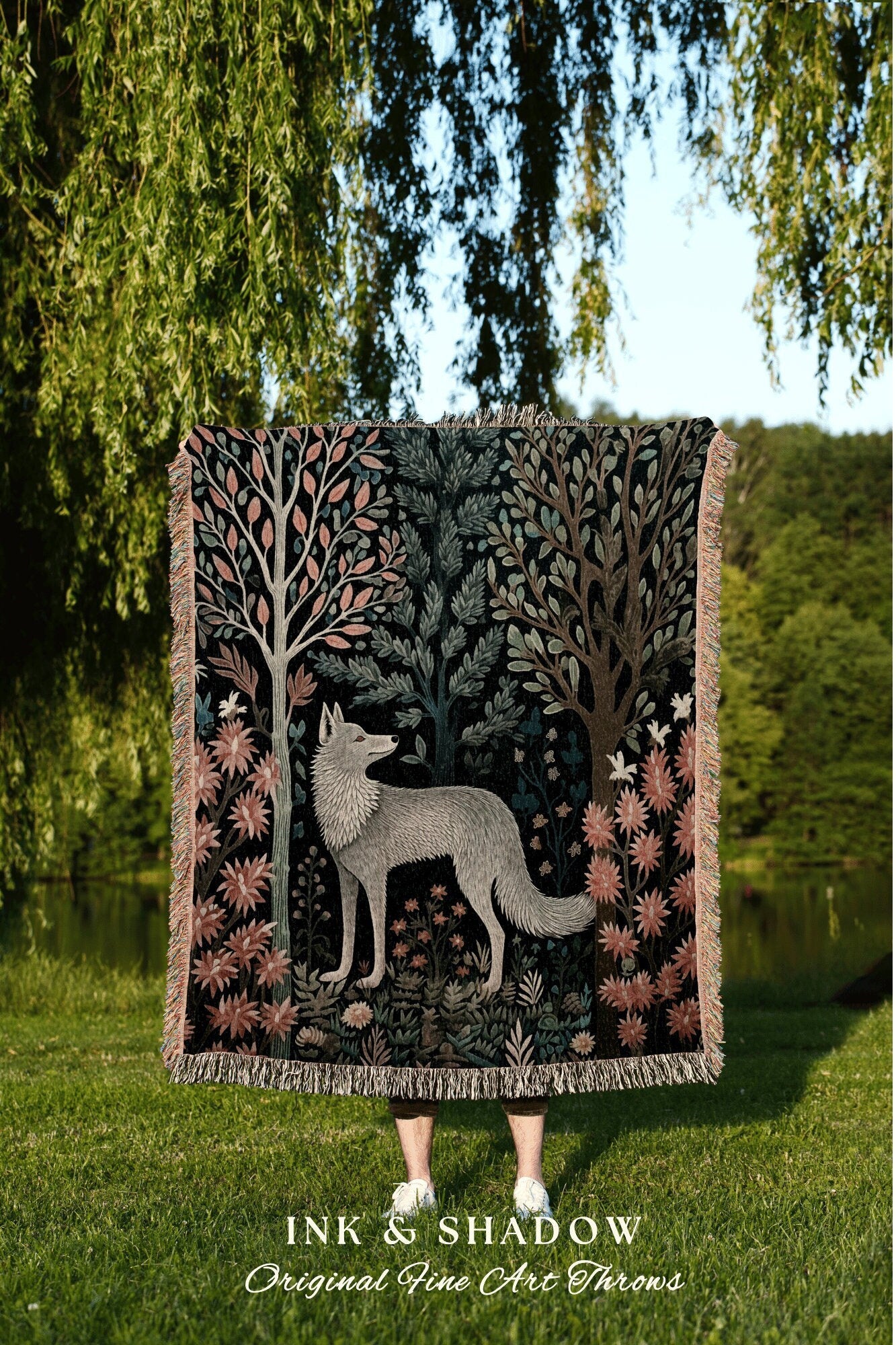 Nordic Wolf Tapestry Woven | Scandinavian Folk Art Blanket Woven Tapestry William Morris Style Woodland Decor Dark Cottagecore Wolf Boho Art