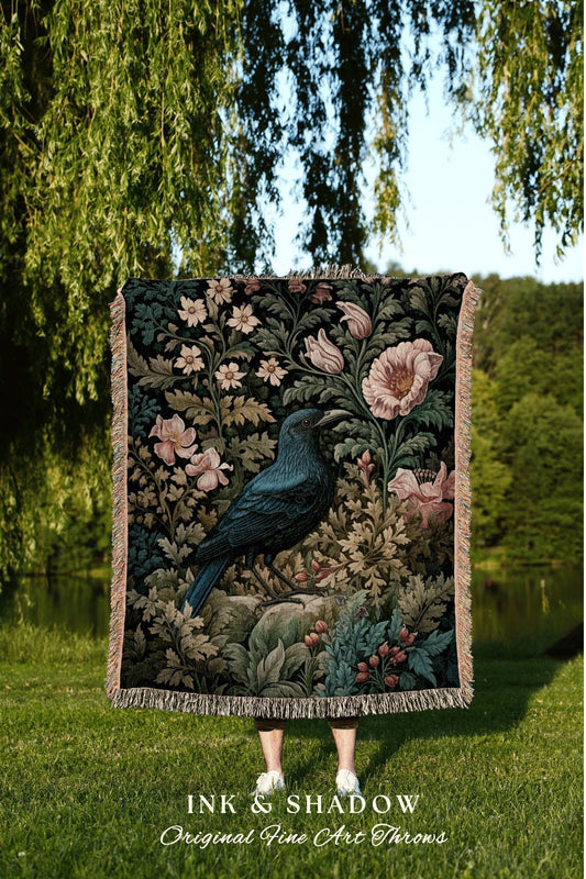 Crow Raven Floral Blanket Woven | Forestcore Throw Blanket Crow William Morris Style Witchy Decor Bedroom Landscape Tapestry Cottagegoth Art