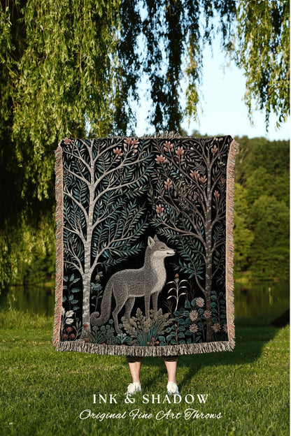 Woodland Gothic Scandinavian Folk Blanket | Danish Pastel Wolf Blanket Woven Tapestry William Morris Style Woodland Goth Dark Cottagecore |