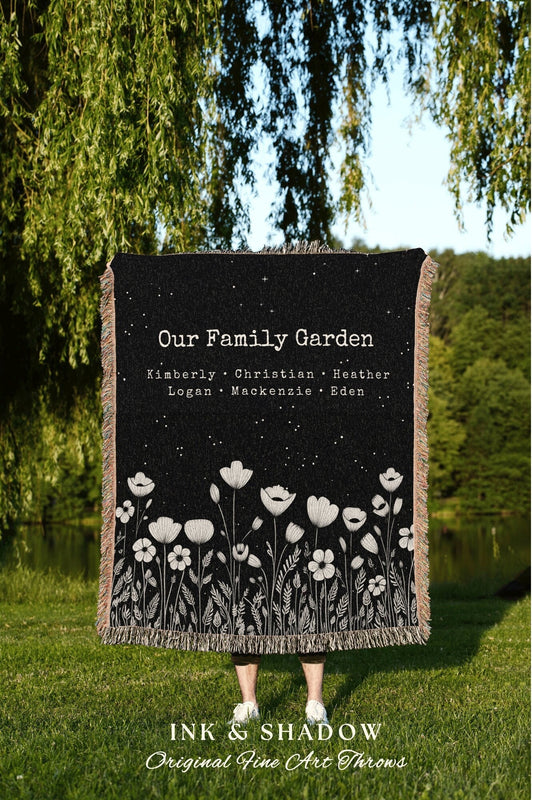 Family Garden Blanket Woven | Personalized Last Name Tapestry Custom Gift for Mom Sentimental Family Heirloom