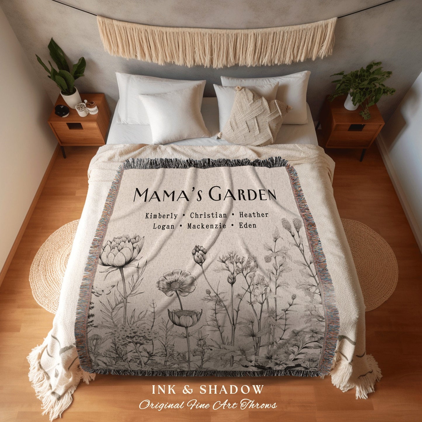 Mammas Garden Woven Tapestry | Personalized Last Name Blanket Meaningful Gift for Mom Sentimental Family Heirloom Throw Kids Names Custom